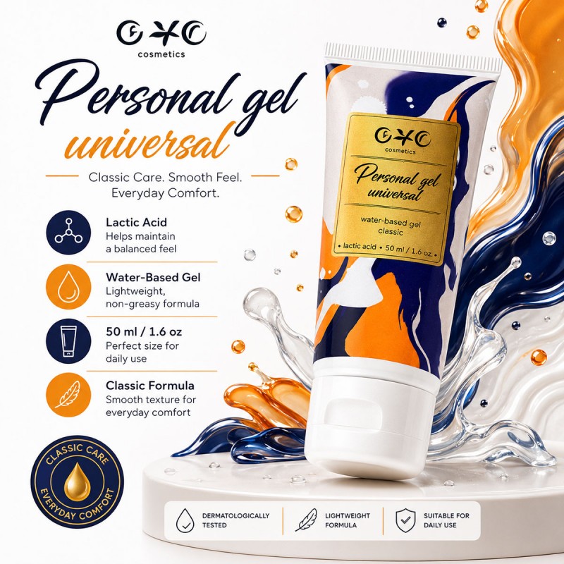 Прозрачный флакон с голубой крышкой OYO Personal gel Universal 50мл на белом фоне
