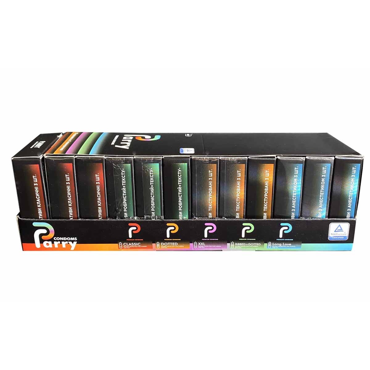 Блок презервативів Parry 36шт (4 види по 3 пачки)