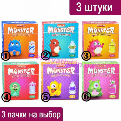 Набор презервативов Recare Monster Family 3шт (усики) - Фото№1