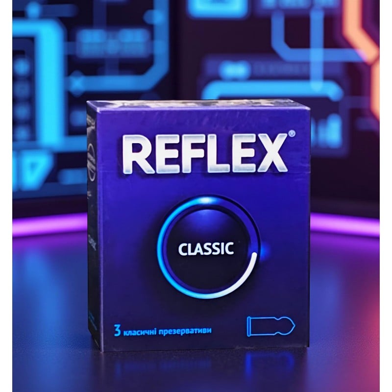 Синий фон, белая коробка Reflex Classic 3 презерватива с красно-серым дизайном