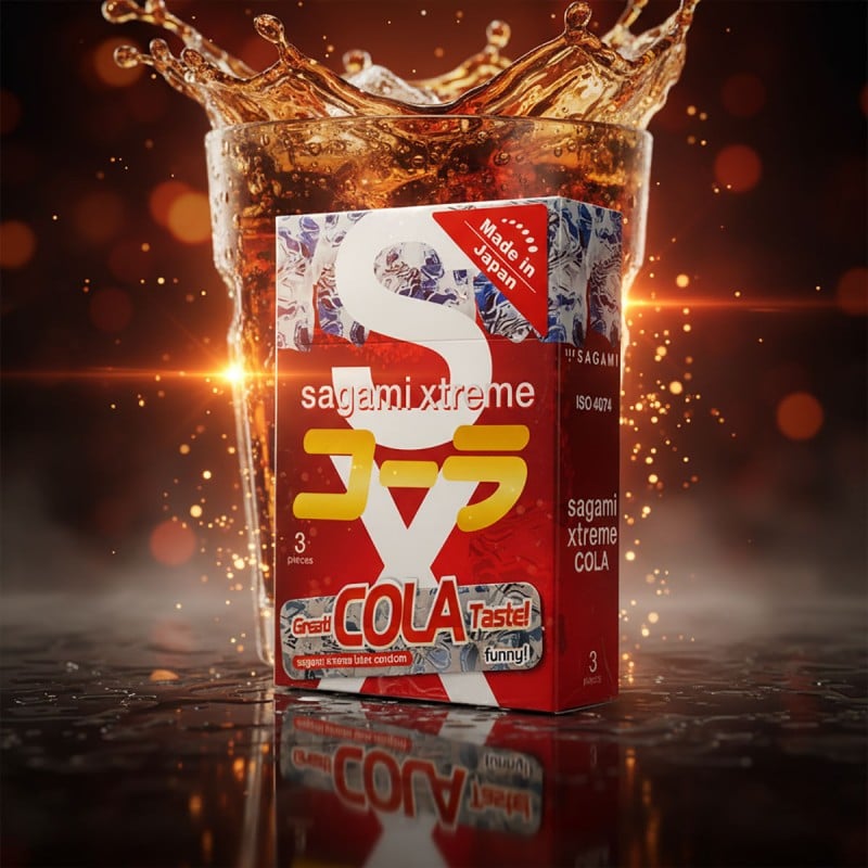 Яркая красно-желтая упаковка Sagami Xtreme Cola с надписью Cola и количеством 3 шт