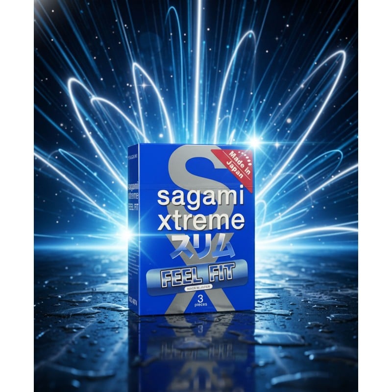 Срібляста коробка Sagami Xtreem FEEL FIT 3 шт із синіми та червоними елементами дизайну