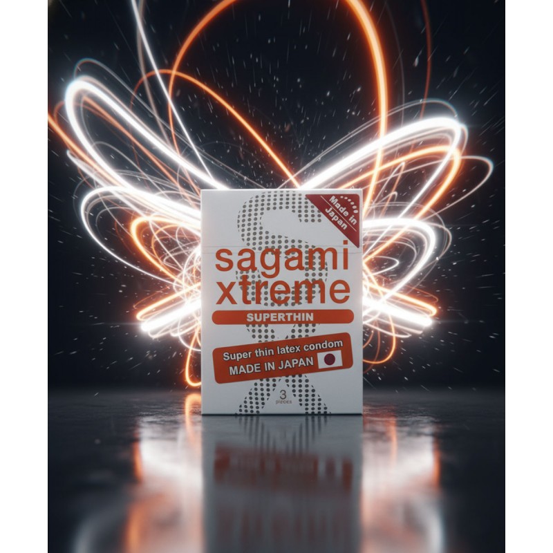 Белая упаковка Sagami Xtreme SuperThin с синим и серебристым текстом, 3 штуки