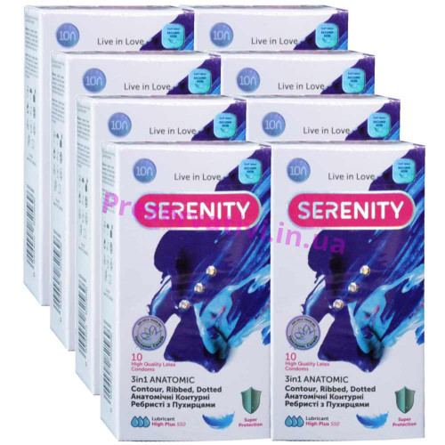 Блок презервативов Serenity 3in1 Anatomic анатомические точки и рёбра 80шт (8 пачек по 10шт) - Фото№1