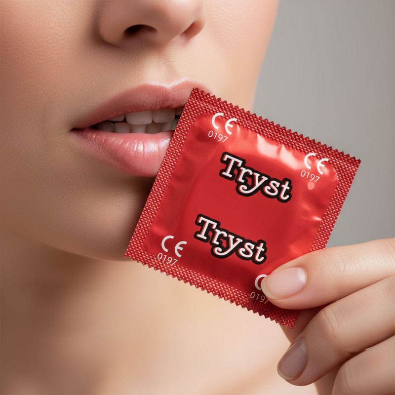Чорна коробка презервативів TRYST Texture 48 штук з помаранчевими акцентами та написом ribs & dots