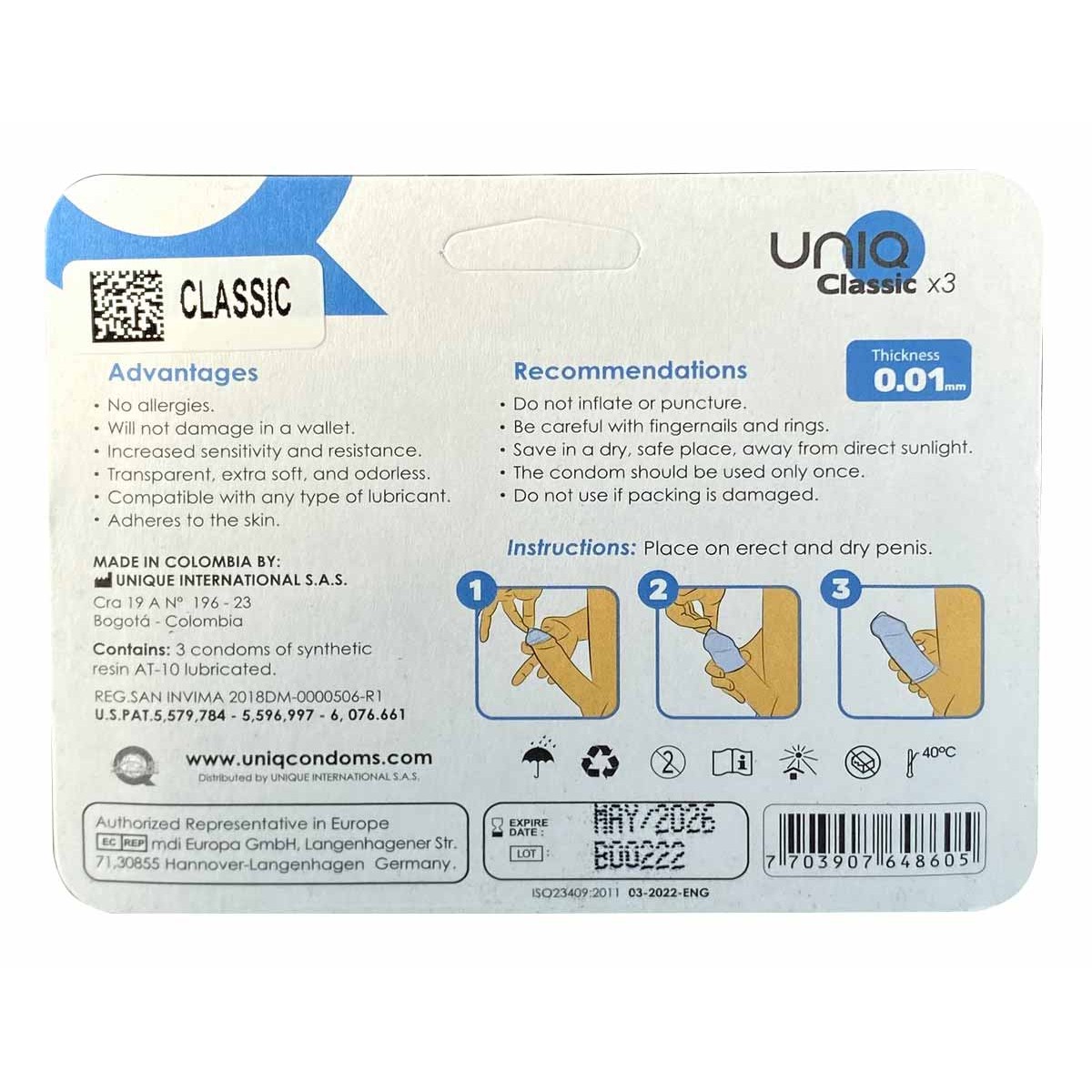 Презервативи безлатексні UNIQ Classic 0.008 візитка 3шт