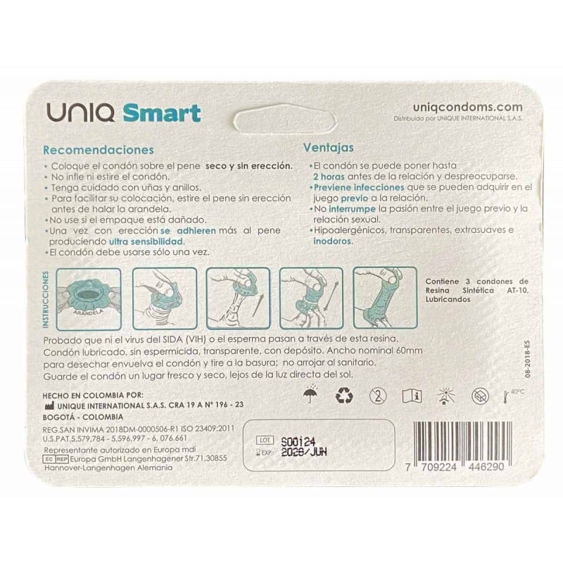 Прозрачная упаковка с синим логотипом UNIQ Smart и надписью 3 презерватива