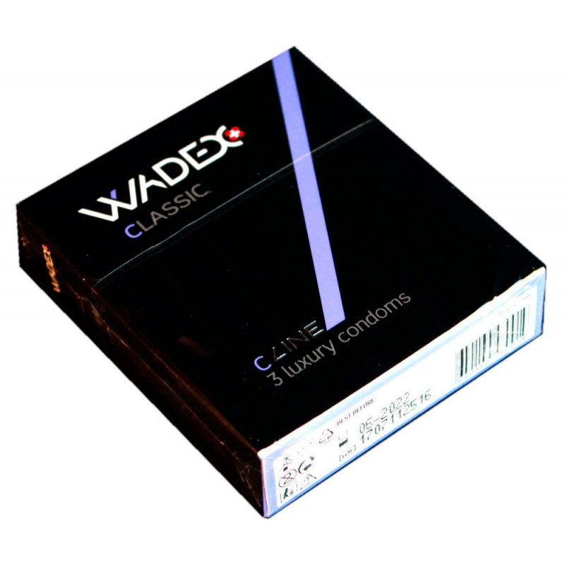 Синя картонна упаковка WADEX Classic 3 презервативи з білим написом та жовтим акцентом