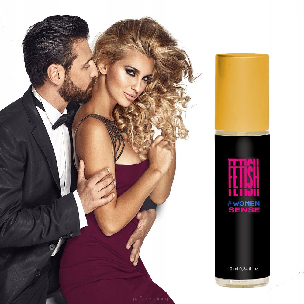 Прозорий скляний флакон Aurora Fetish Sense Women з рожевою рідиною 10 мл на білому фоні