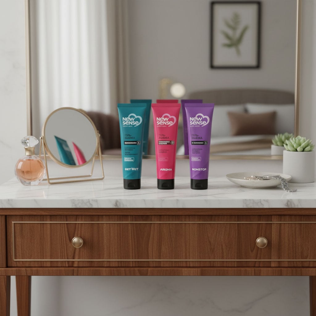 Три флакони гелю NewSense різних кольорів по 100 мл на білому фоні