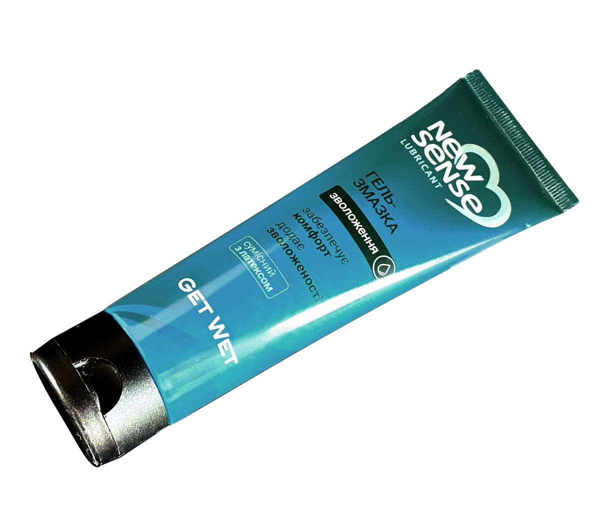 Білий флакон із блакитною етикеткою NewSense GetWet 100мл на світлому фоні