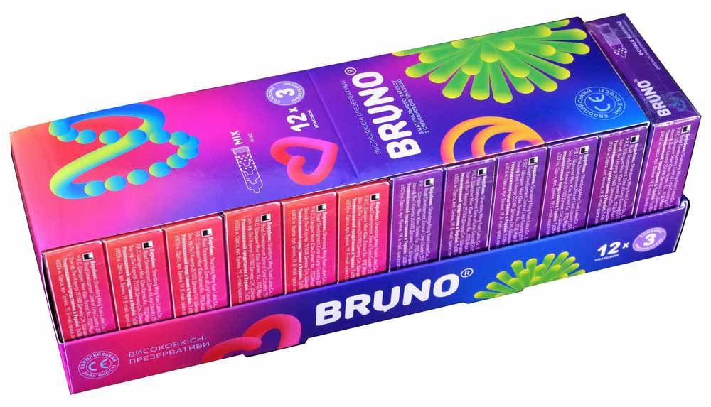 Две черные упаковки Bruno с разным дизайном, надписью и количеством 18 штук каждая