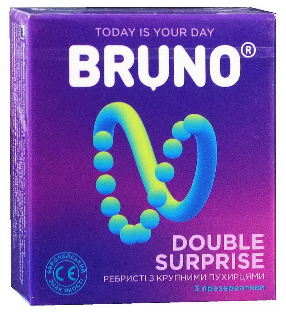 Две коробки презервативов Bruno Double Surprise синие и фиолетовые на белом фоне