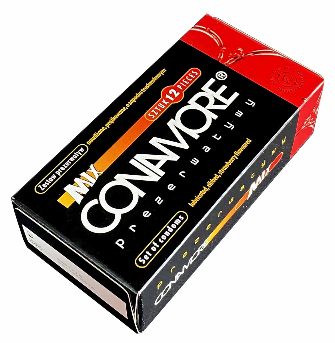 Чорна коробка з різнокольоровими елементами та написом CONAMORE Mix 12 шт