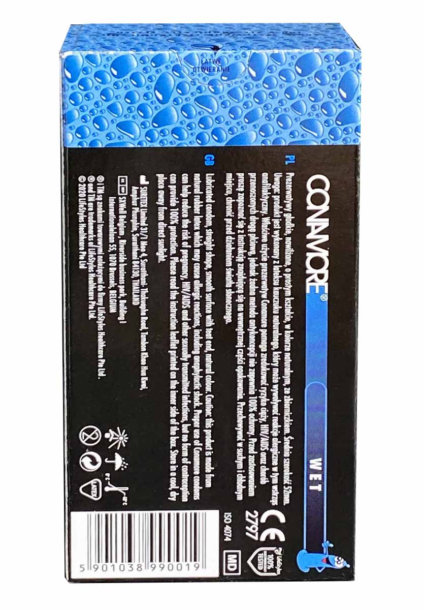 Синий фон, белый прямоугольник с надписью CONAMORE Wet, указано 12 презервативов