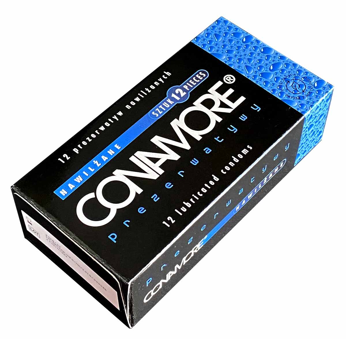 Синий фон с изображением коробки презервативов CONAMORE Wet 12 штук и каплей воды