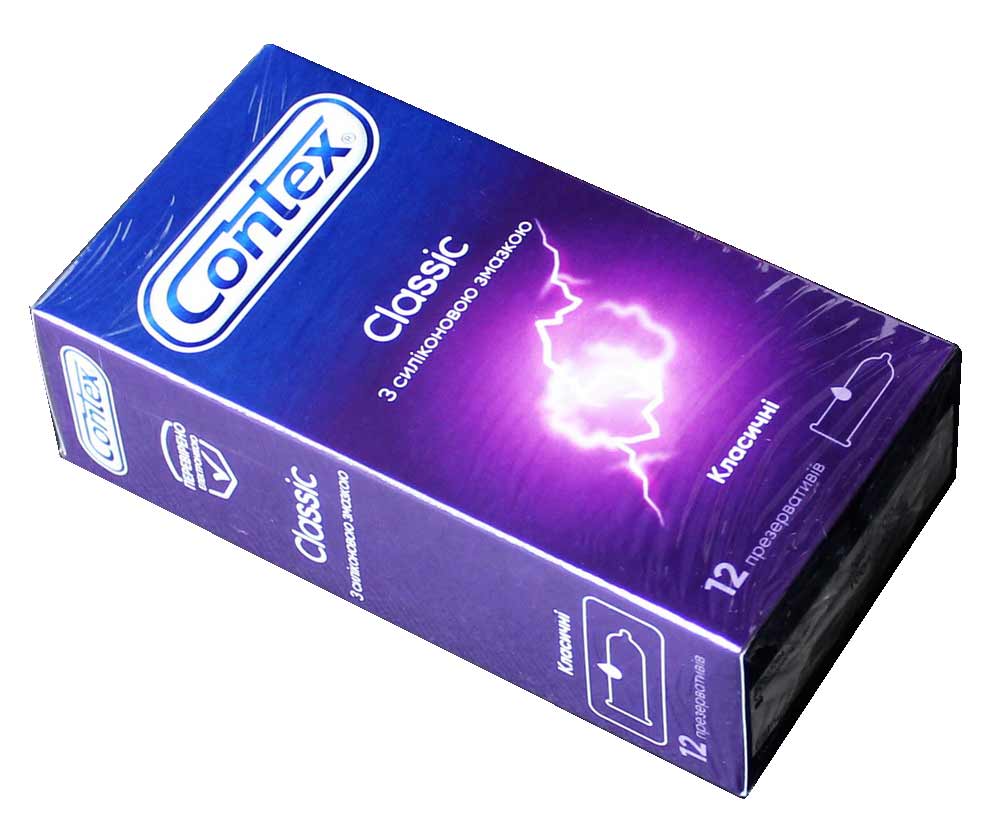 Фіолетова коробка Contex Classic з білим та жовтим шрифтом, 12 презервативів, класичні