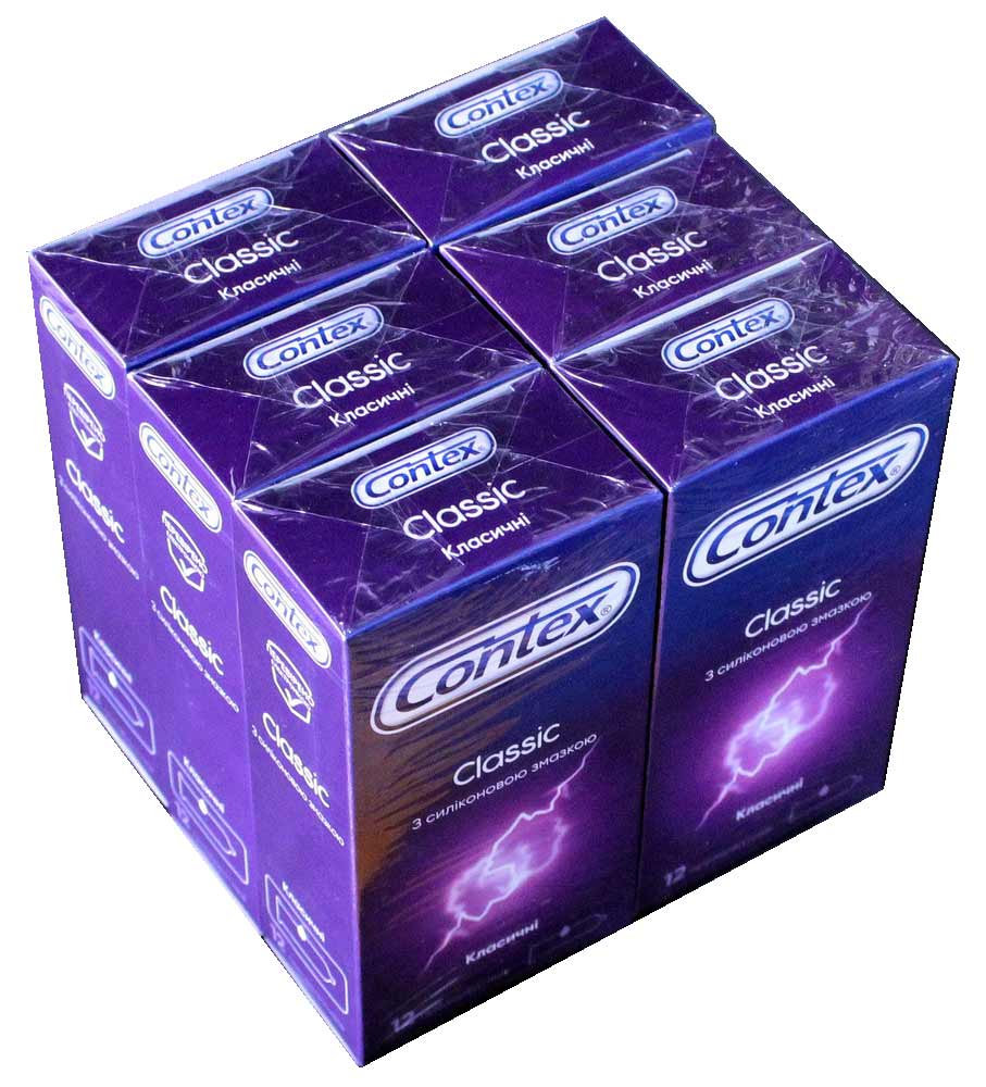 Шість синіх коробок Contex Classic по 12 презервативів на білому фоні