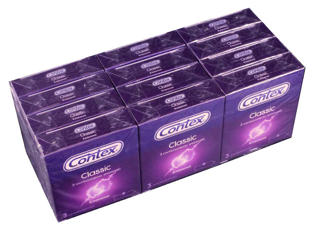 Сині та білі коробки Contex Classic, 12 упаковок по 3 презервативи на білому фоні