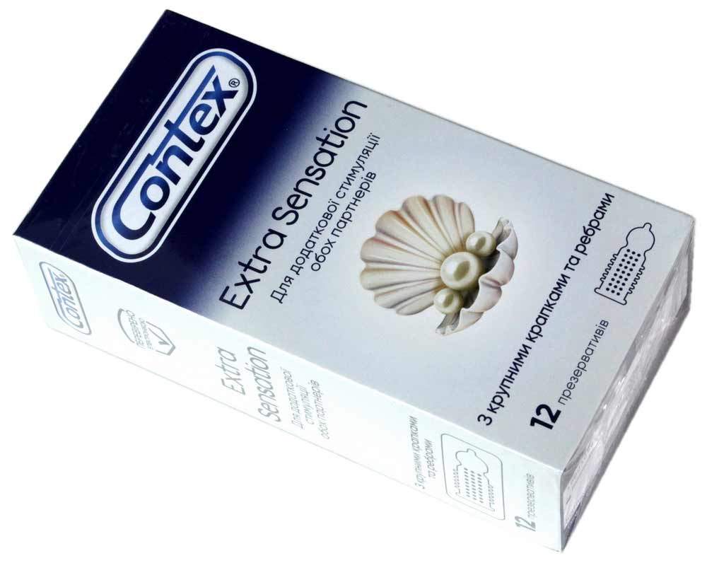 Синий фон, белая коробка Contex Extra Sensation 12шт с рельефной текстурой и логотипом