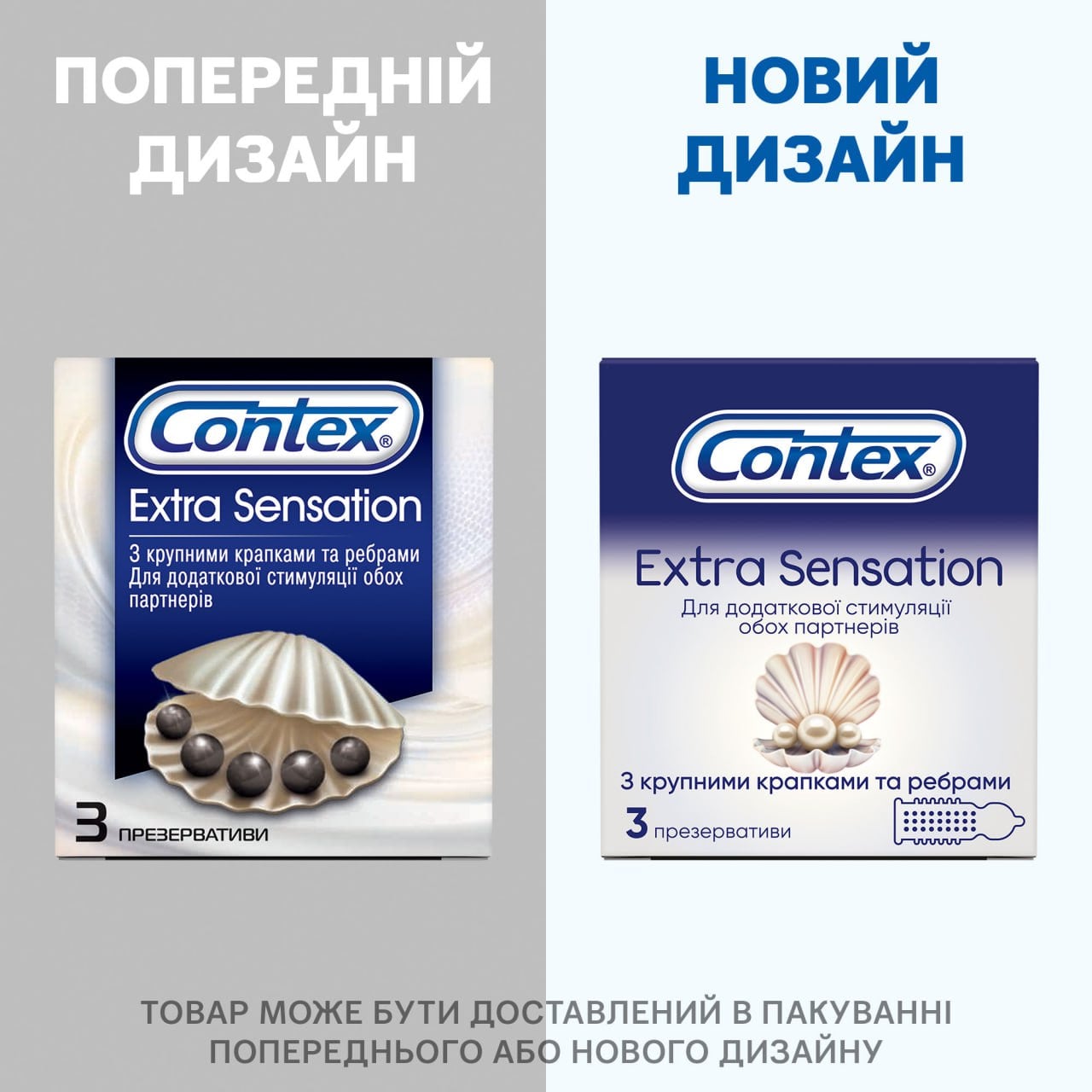 Синя коробка Contex Extra Sensation з жовтими хвилями та написом 3 презервативи