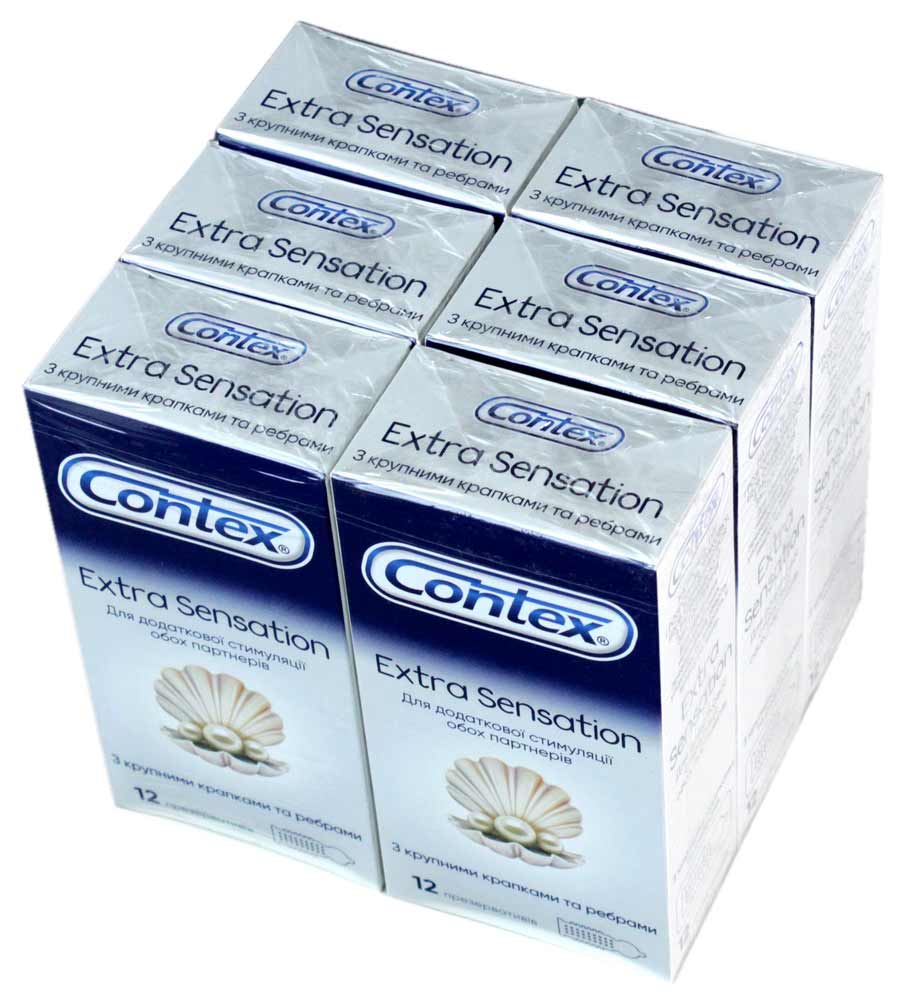 Шесть синих коробок Contex Extra Sensation с оранжевыми элементами, надпись 12 шт