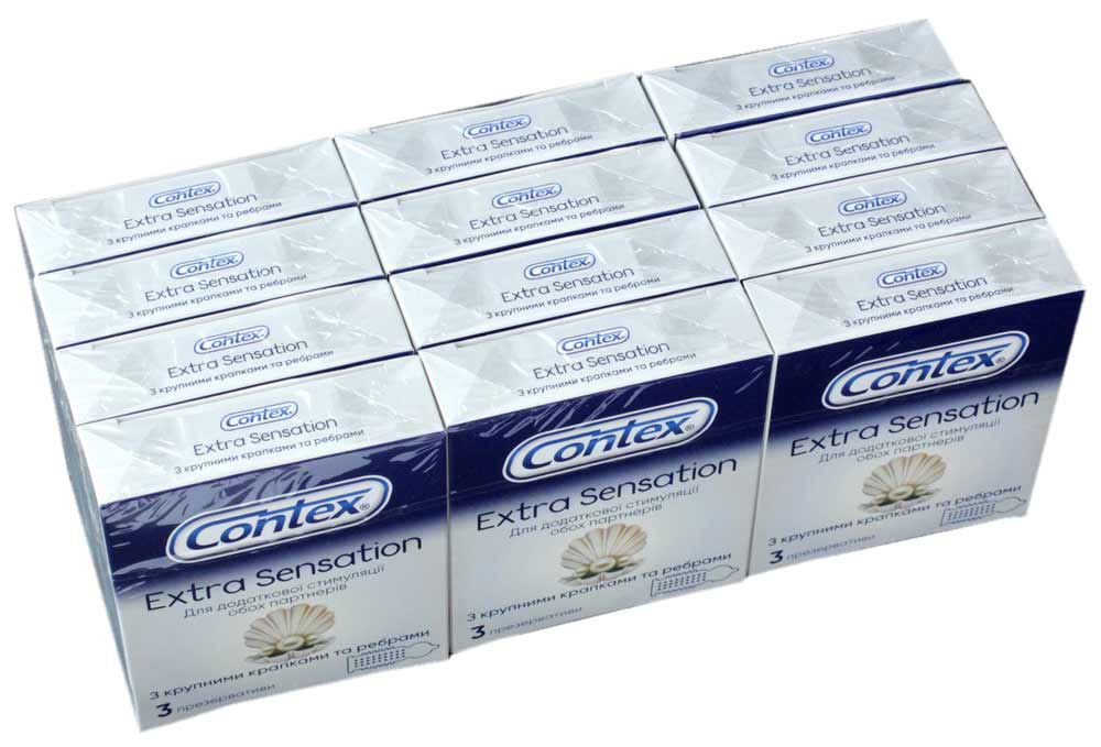 Декілька кольорових коробок Contex Extra Sensation по 3 презервативи, разом 12 штук