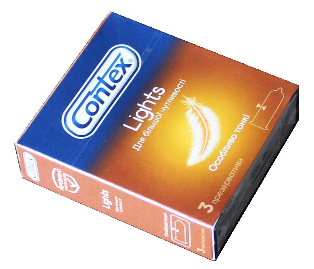 Глянцевая голубая коробка Contex Lights Ultra Thin 3 презерватива с желтым акцентом