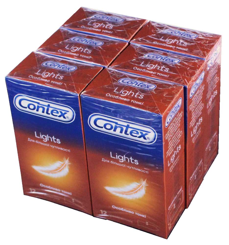 Шесть голубых упаковок Contex Lights Ultra Thin с надписью 12 шт и логотипом на белом фоне