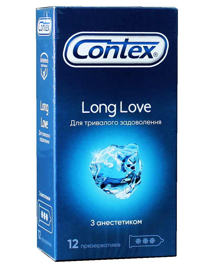 Синий фон, серебристый логотип Contex Long Love, надпись 12 шт, охлаждающий эффект
