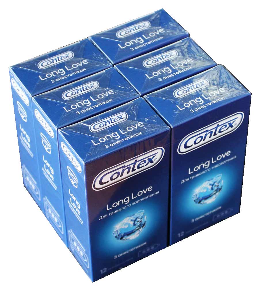 Синие коробки Contex Long Love с серебристым логотипом и надписью 6x12 штук