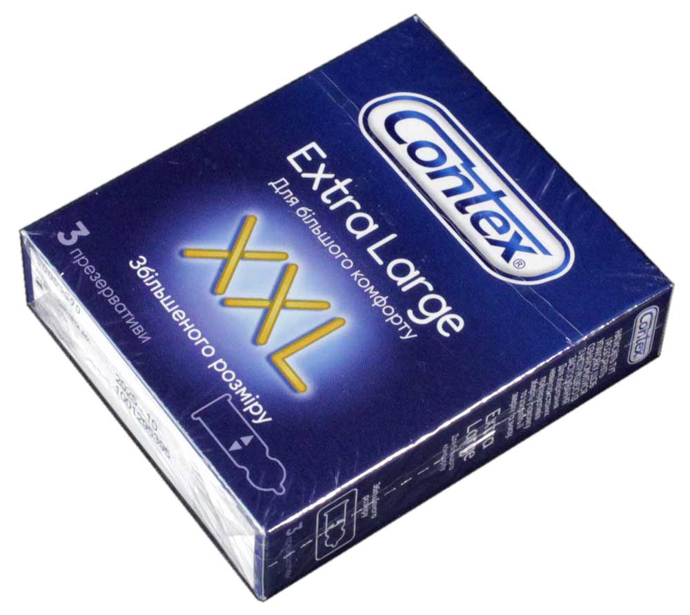 Крупный серебристый шрифт XXL на синем фоне упаковки Contex Extra Large 3 шт