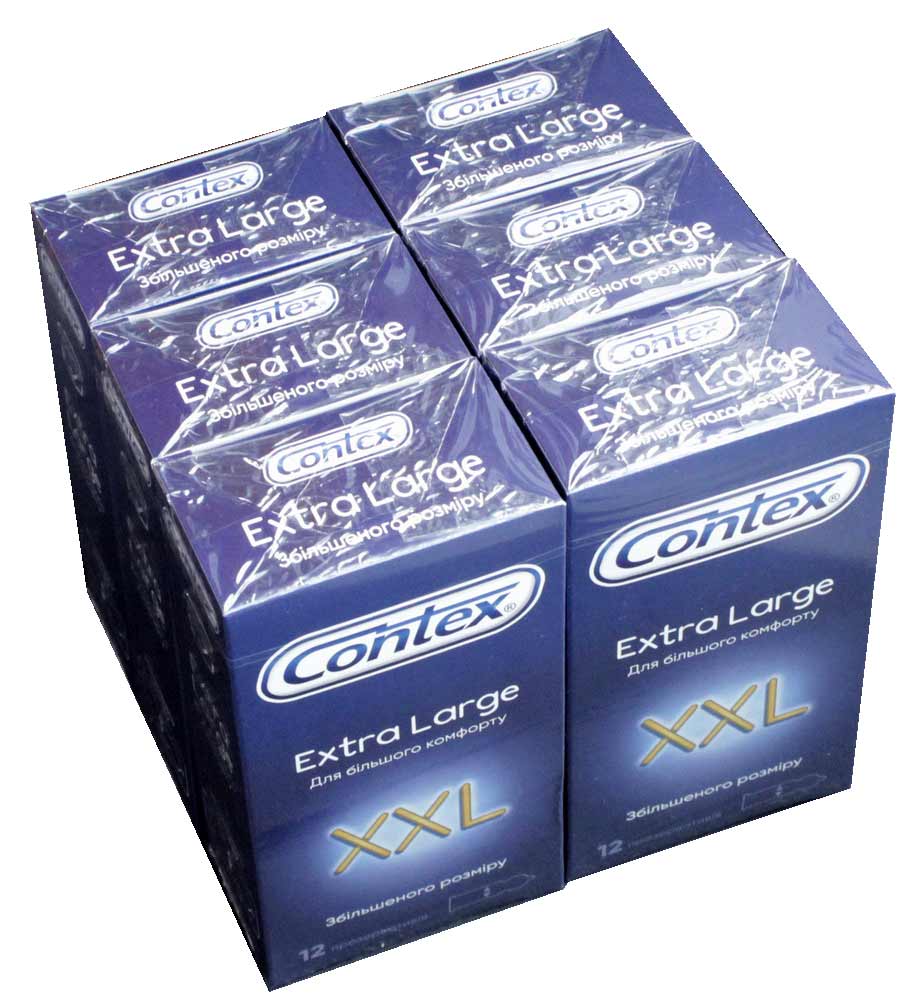 Шесть черных коробок Contex XXL Extra Large по 12 штук с серебристым логотипом