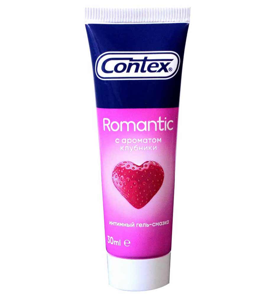 Прозрачный тюбик с розовым гелем Contex Romantic 30мл, надпись и клубника на белом фоне