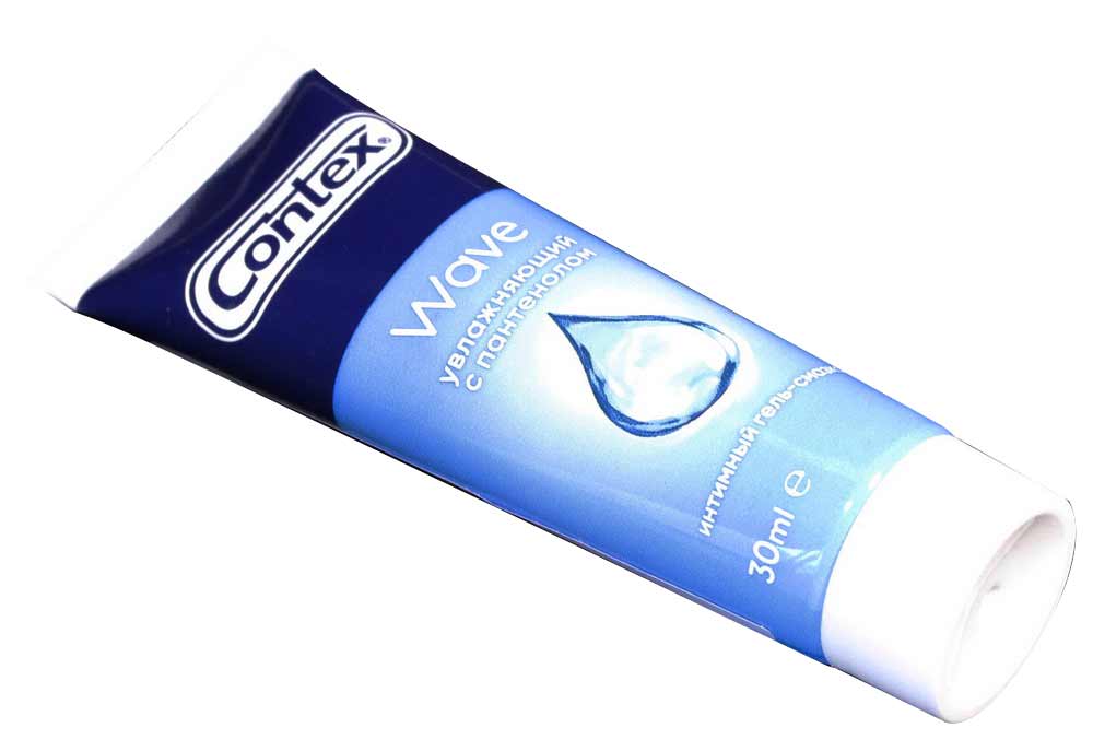 Прозрачный тюбик геля Contex Wave 30мл с синим и белым оформлением, надпись wave