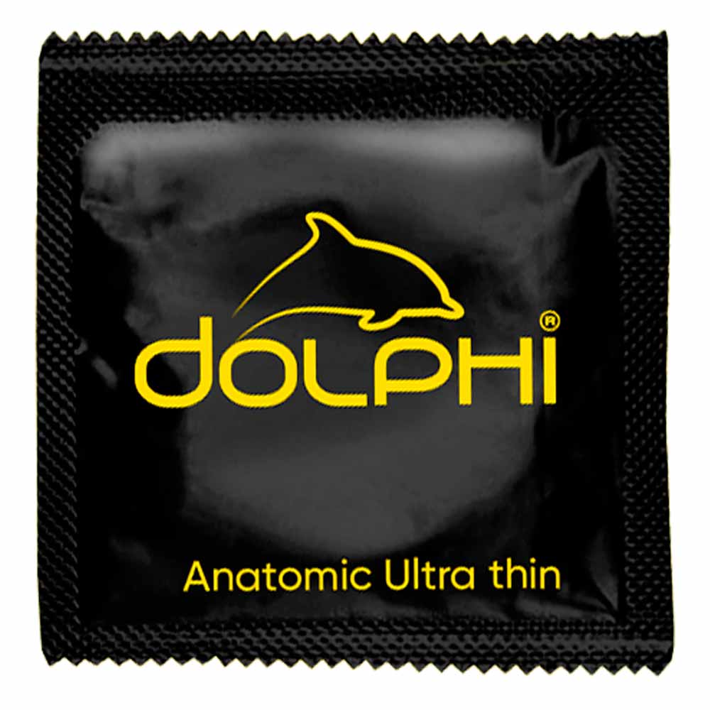 Біло-синя коробка Dolphi Anatomic ultra thin з написом 12 шт та контуром презерватива