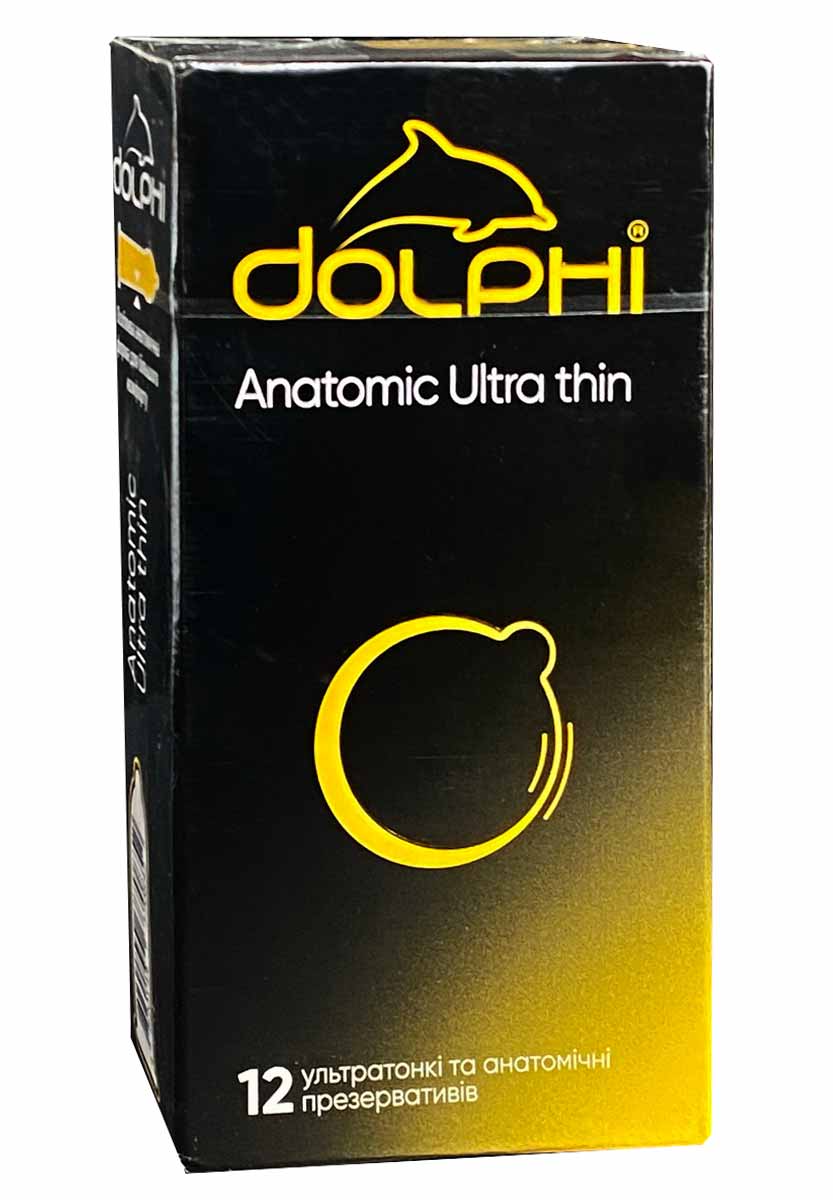 Синя упаковка Dolphi Anatomic ultra thin із сріблястим написом, 12 штук, ультратонкі