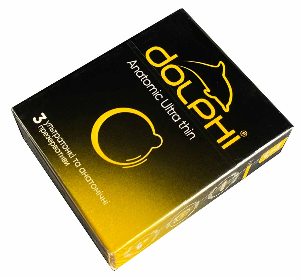 Синий фон, белая упаковка Dolphi Anatomic ultra thin с фиолетовой надписью и цифрой 3