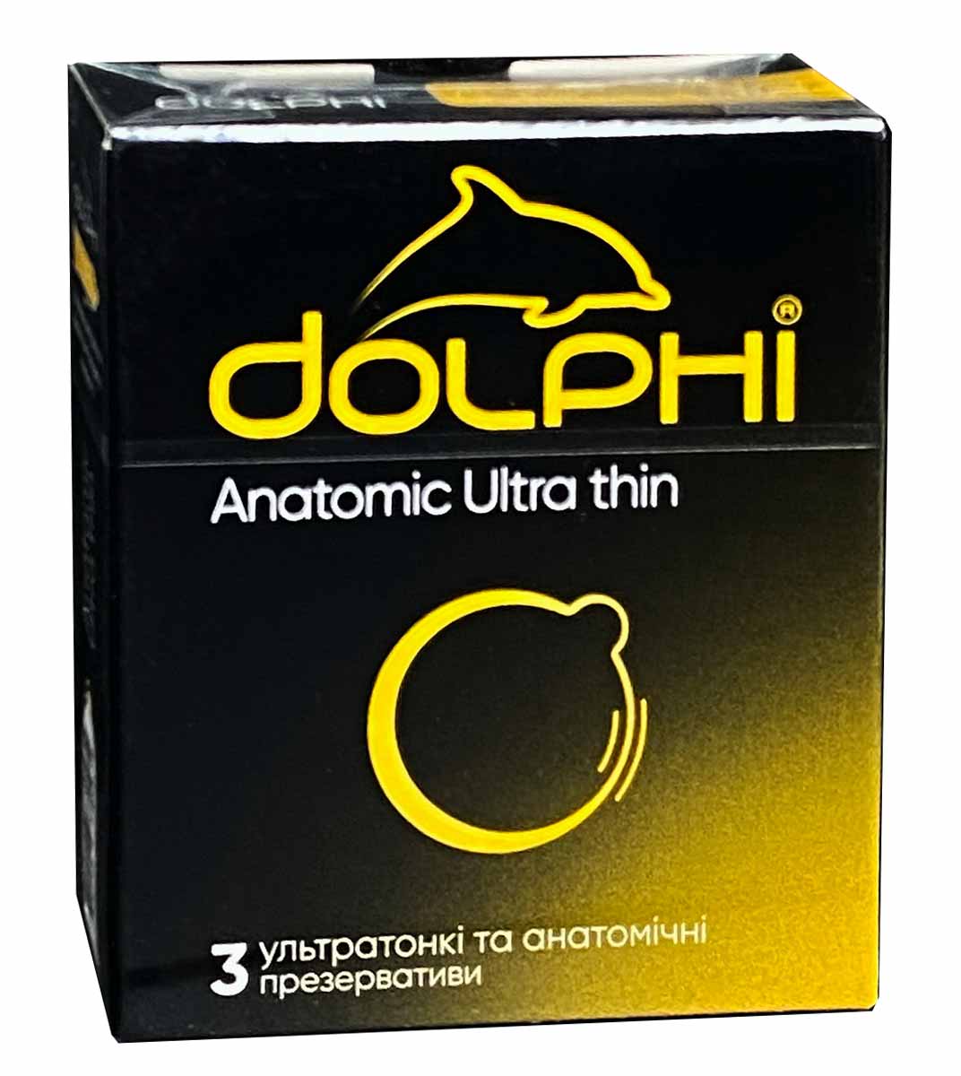 Белый и фиолетовый картон с надписью Dolphi Anatomic ultra thin 3, 21 пачка по 3 презерватива