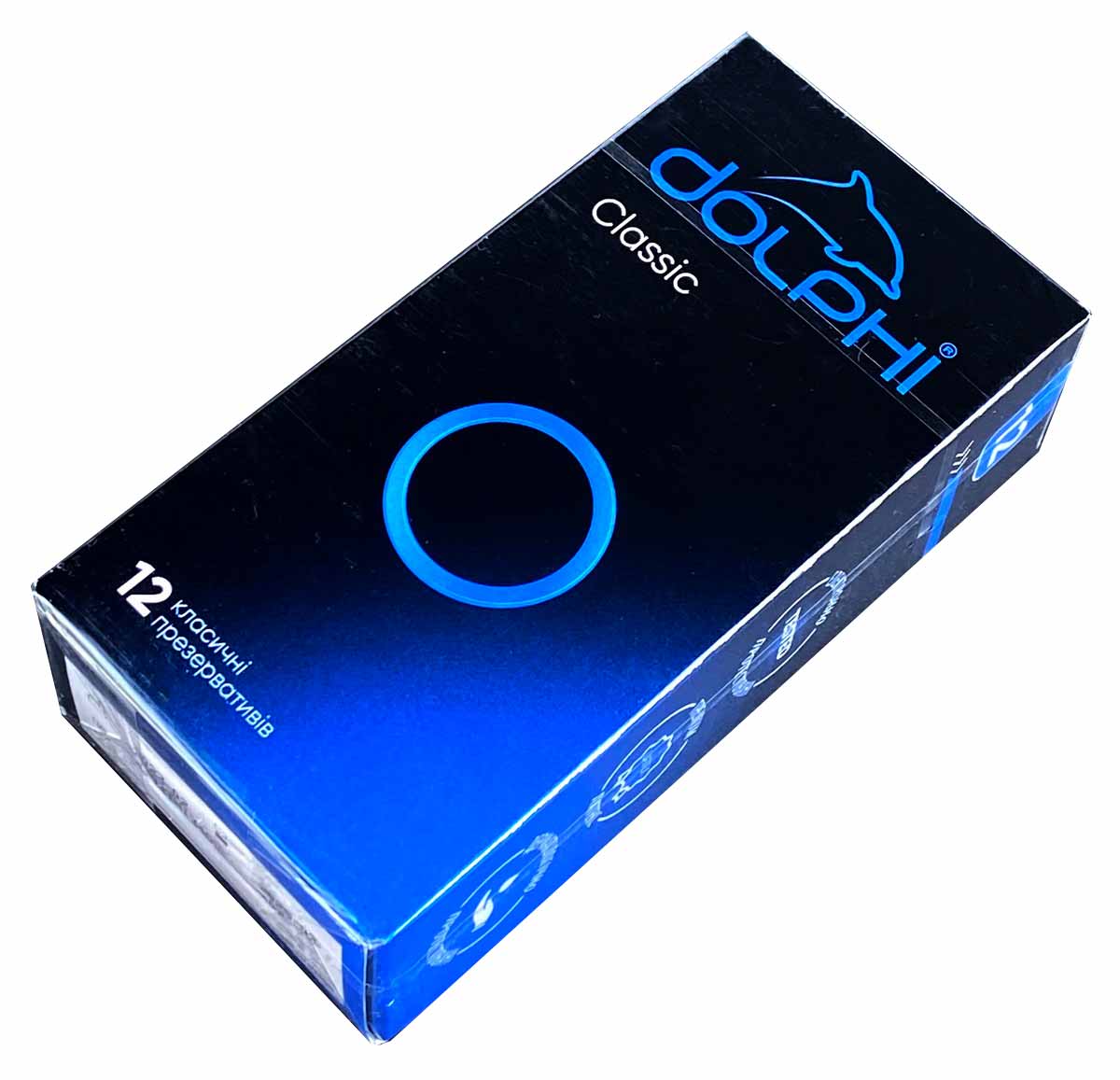Синя картонна коробка Dolphi Classic із написом 12 шт на білому фоні