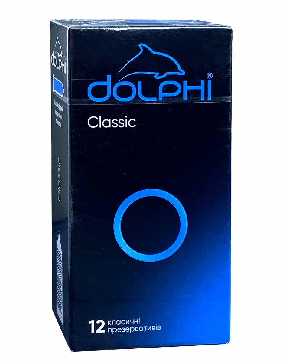 Синя картонна коробка Dolphi Classic з білим написом та позначкою 12 шт