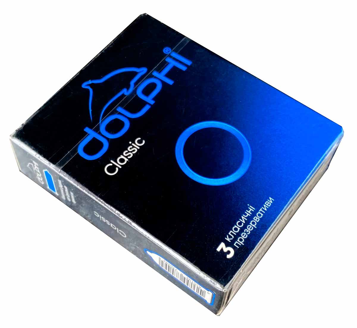 Синяя коробка с белой надписью Dolphi Classic и цифрой 3 на фоне голубого градиента