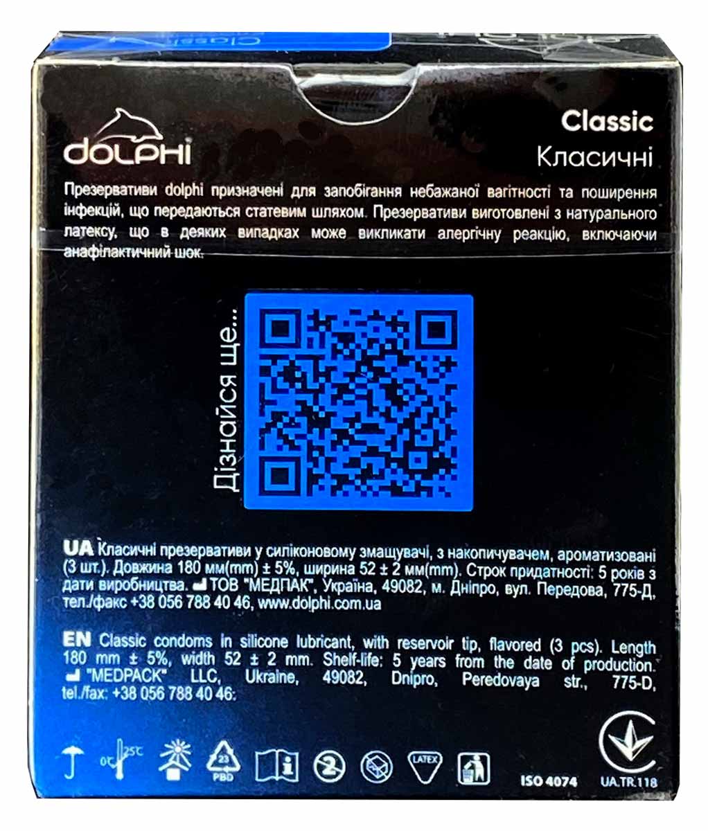 Темно-синяя упаковка Dolphi Classic с тремя презервативами и белой надписью Classic