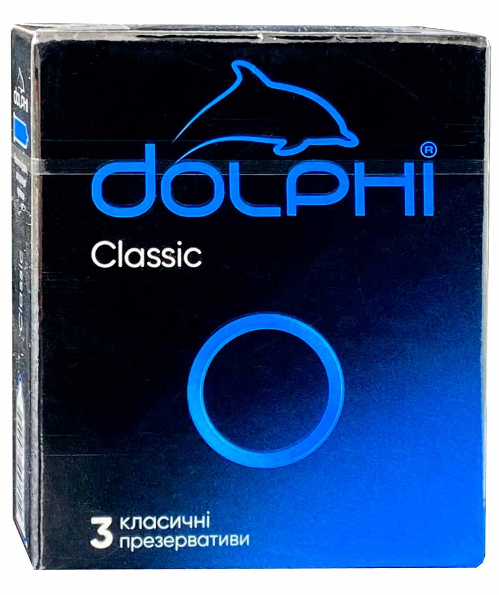 Синий фон, белая упаковка Dolphi Classic с надписью 3 презерватива