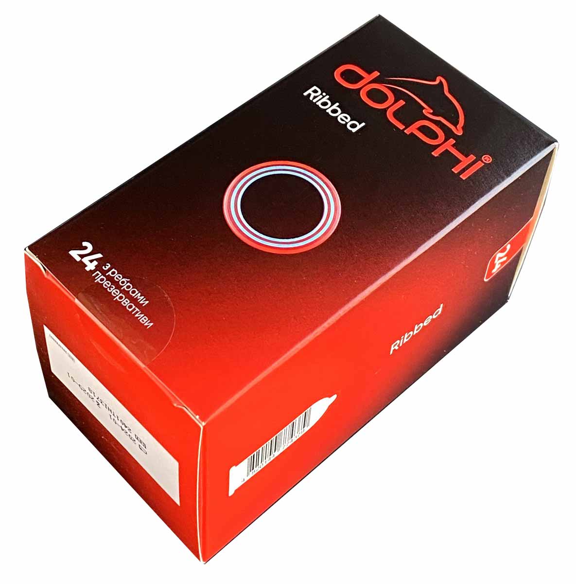 Черная упаковка Dolphi Ribbed с серебристым логотипом и надписью 24 condoms