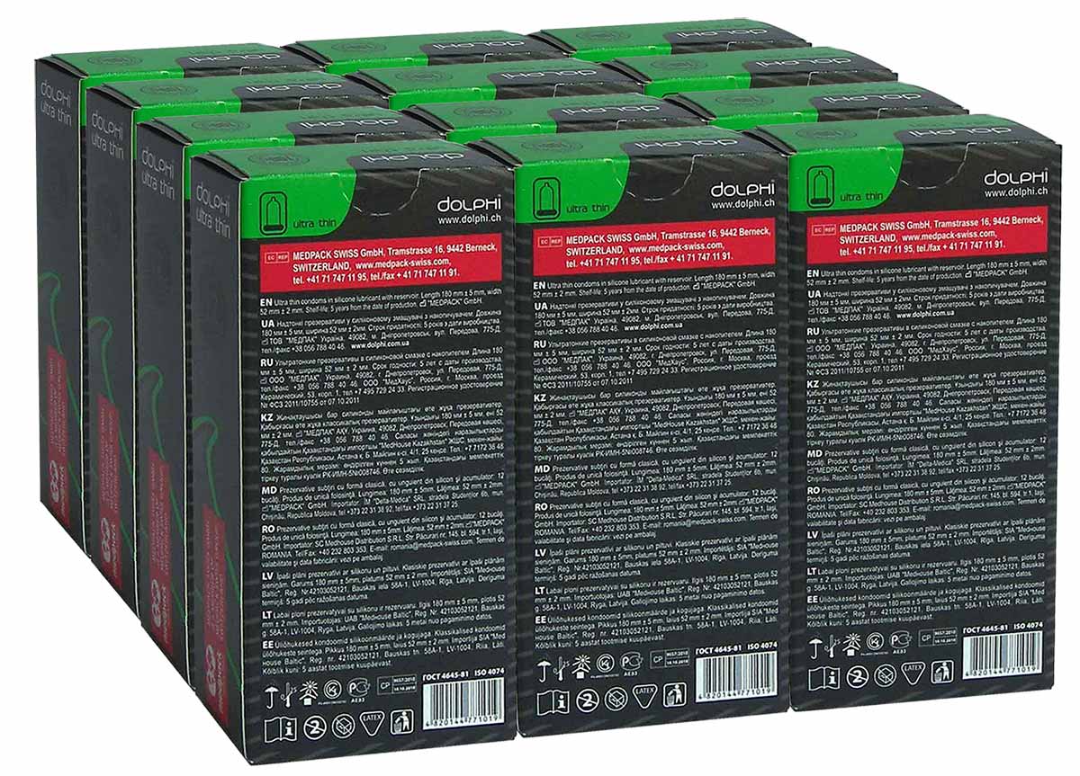 Белая упаковка Dolphi Ultra thin с фиолетовыми и серебристыми надписями, 12 пачек по 12 штук