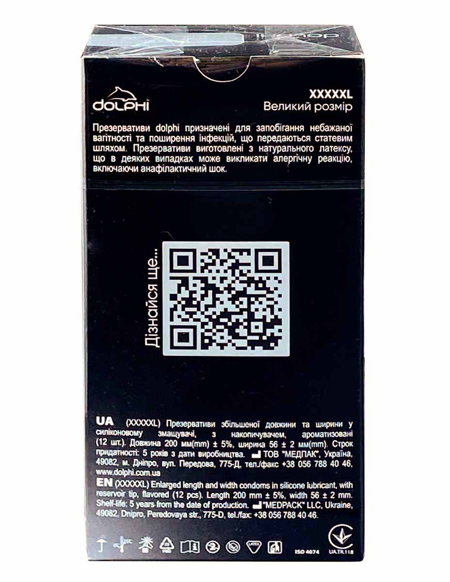 Три сині коробки Dolphi XXXXXL із сріблястим написом, загалом 36 штук