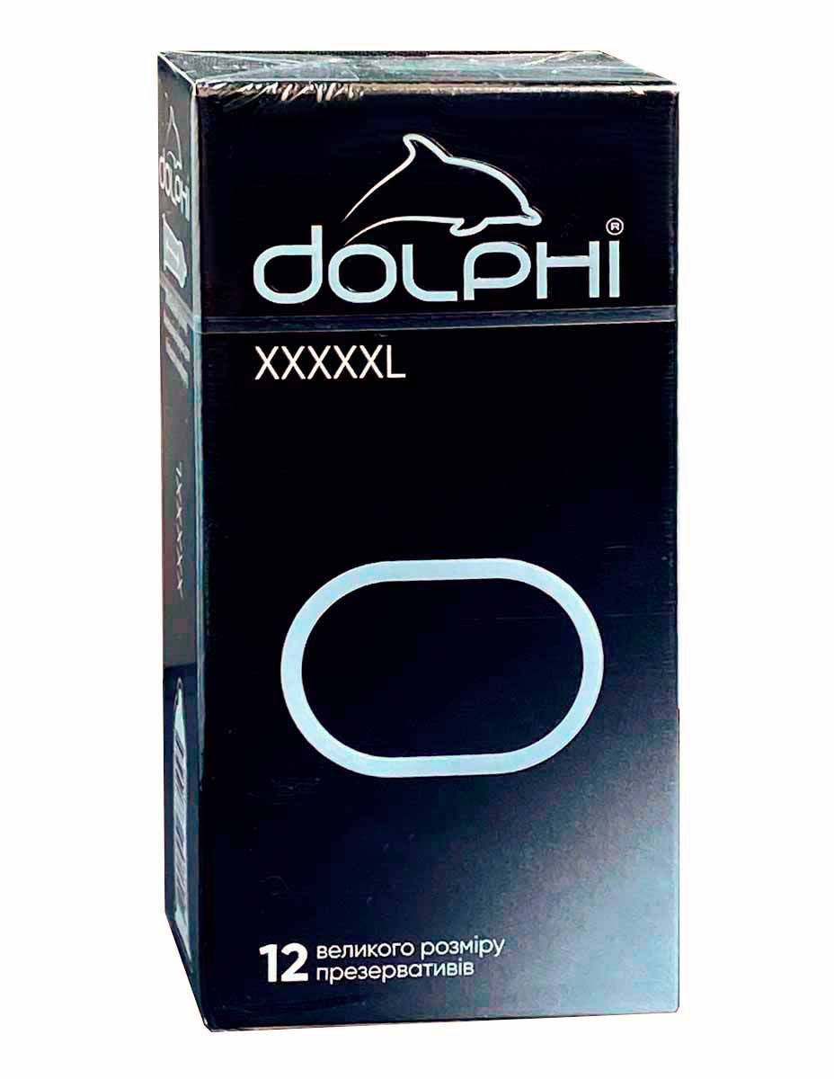 Три упаковки Dolphi XXXXXL із синьо-білим дизайном і позначкою 12 штук на кожній