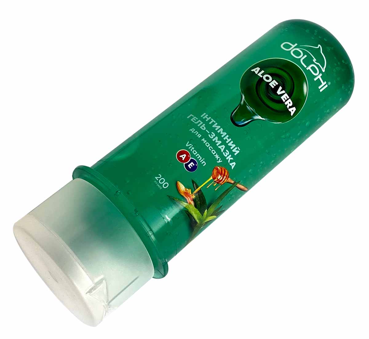 Зелений флакон Dolphi Aloe Vera 200мл із зображенням листя алое на білому фоні