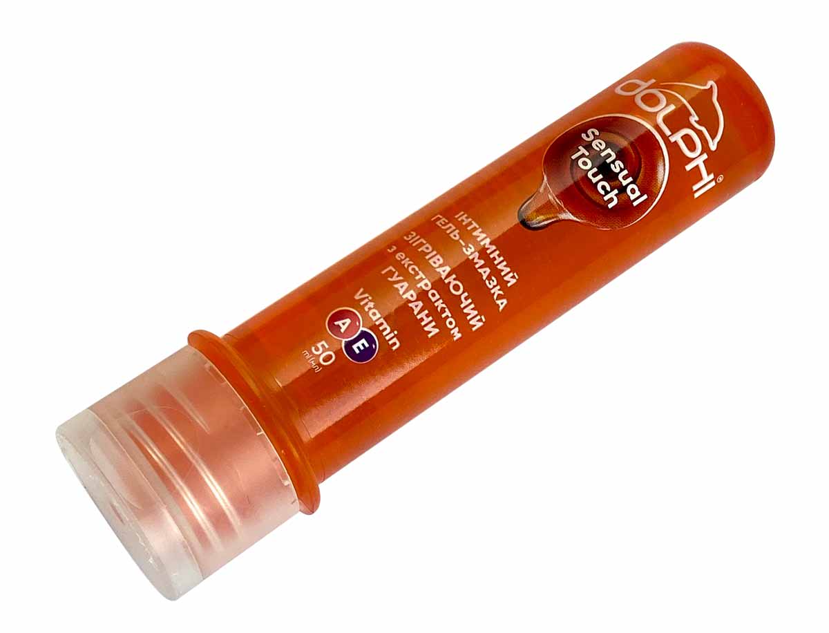 Три разноцветных тюбика Dolphi Sensual Touch 50 мл на белом фоне, ассорти вкусы